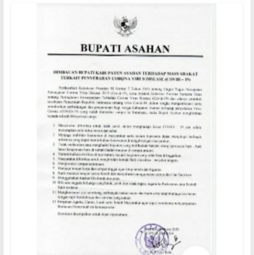 Terkait Covid-19, Bupati Asahan Keluarkan Imbauan untuk Masyarakat