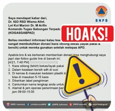 Hoaks: Permintaan Petugas Penanganan Covid-19 Butuh Kaos Layak Pakai dan Bersih