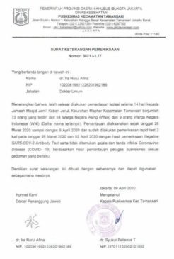 73 Jemaah Tablig Masjid Jami Kebon Jeruk Jakarta Barat Negatif Corona (Covid-19)