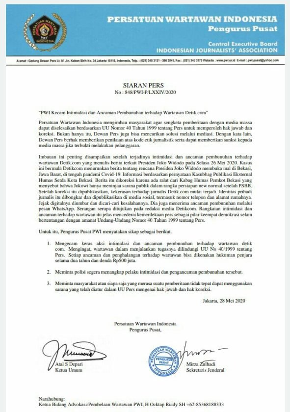PWI Kecam Keras Aksi Intimidasi dan Ancaman Pembunuhan Wartawan Detik.com
