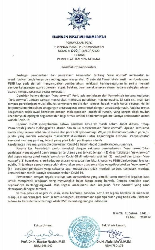 PP Muhammadiyah : Pemerintah Harus Jelaskan “New Normal” Agar Masyarakat Tidak Salah Tafsir