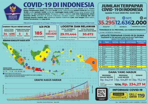 Update 11 Juni 2020 Korban Covid-19 di Indonesia : 35.295 Positif, 12.636 Pasien Sembuh, 2000 Meninggal Dunia
