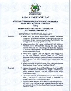 Surat Pemberhentian Doni Sebagai Kader Resmi Dikeluarkan DPP Golkar
