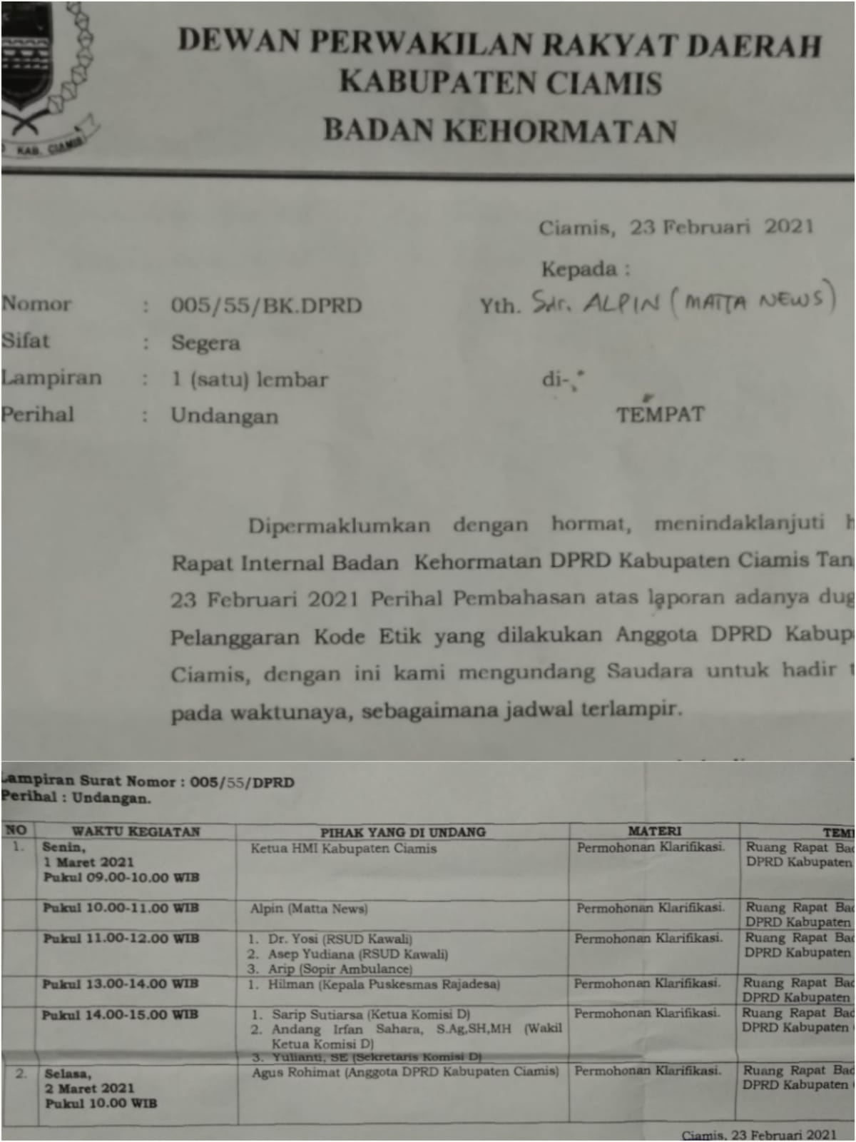 Badan Kehormatan (BK) DPRD Kabupaten Ciamis, Jawa Barat, mengeluarkan surat nomor 156.2/58/DPRD pada Jum'at (26/2/2021)