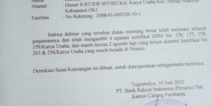 Parah! Agunan Sertifikat Tanah Milik Nasabah BRI Tugumulyo Raib Ditelan Bumi