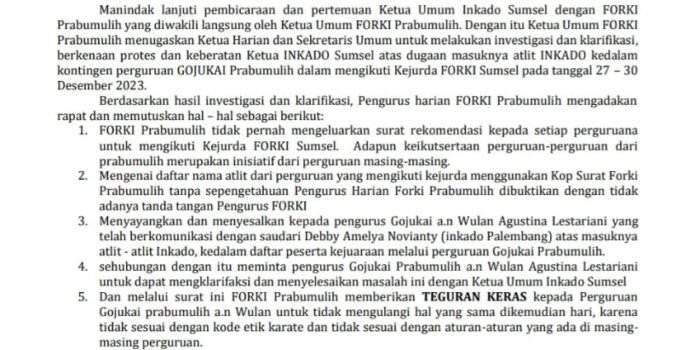 Pengurus GOJUKAI Prabumulih Minta Maaf, FORKI Prabumulih Beri Teguran Keras