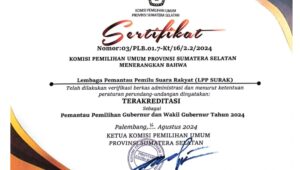 SURAK Sumsel Resmi Tersertifikasi Sebagai Pemantau Pemilu 2024