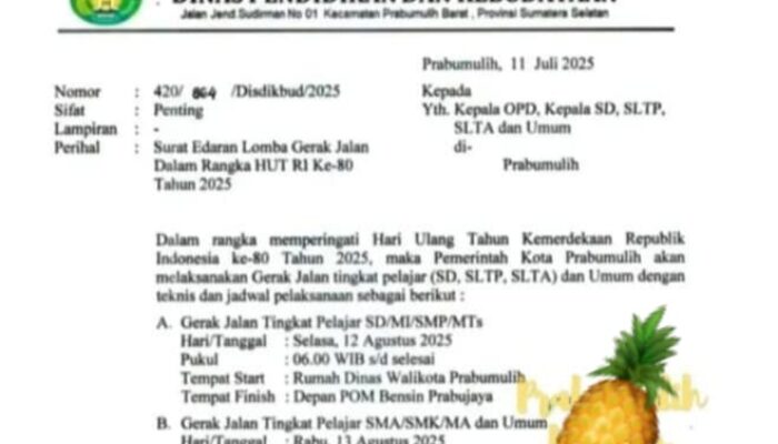 Memperingati HUT RI ke 80, Disdikbud Prabumulih Keluarkan Surat Edaran Lomba Gerak Jalan