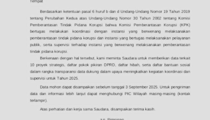 KPK Minta Data 10 Proyek Strategis, “Pokok Pikiran, Hibah dan Bansos” di Aceh Tamiang