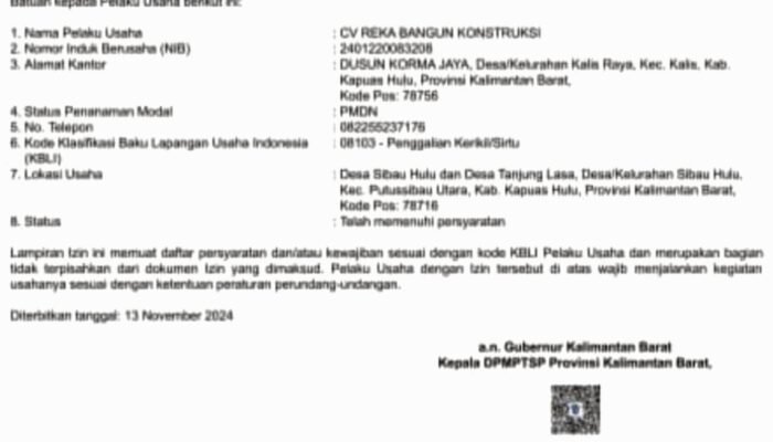 CV Reka Bangun Konstruksi Legalitas Usaha Galian C di Putussibau Utara Ternyata Sudah Memiliki Izin