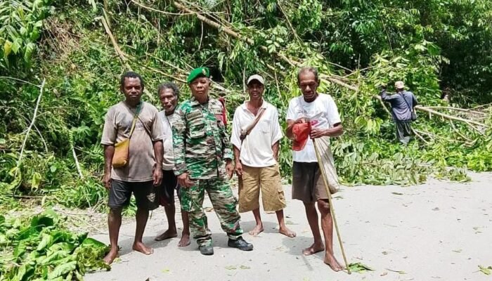 Dukung Kemajuan Pembangunan Kampung, Babinsa Kokas Gotong Royong Pasang Tiang Listrik