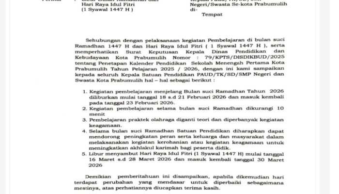 Libur Sekolah di Prabumulih Jelang Puasa Ramadhan 1447 Hijriah