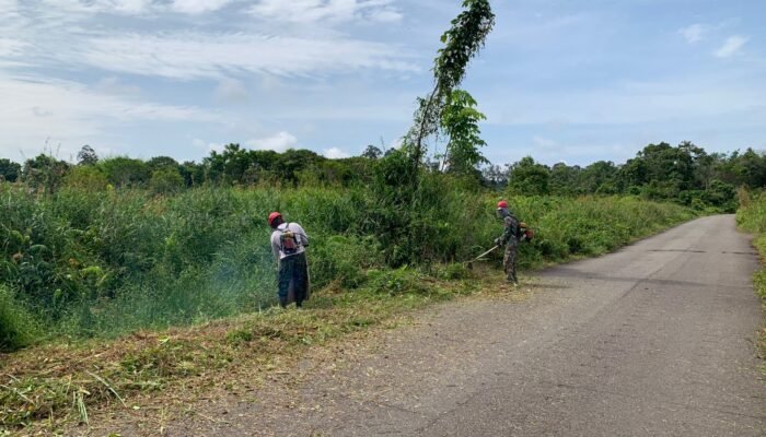 Dari Semak Belukar Tebar Senyum Bersih : Kodim 1206 Putussibau Babat Rumput Liar di Jalan Bika