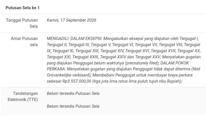 Gugatan Arimansa Eko Putra terhadap 25 Perusahaan Media di Palembang Dinyatakan Prematur