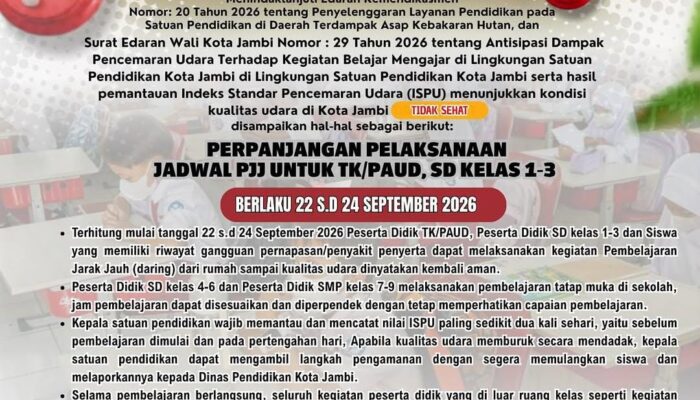 ISPU Jambi 175, Pemkot Perpanjang PJJ untuk TK dan SD Kelas 1-3 hingga 24 September