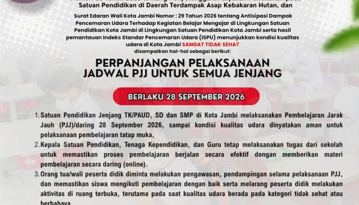 PJJ Kota Jambi Diperpanjang Mulai 28 September, PM2.5 Capai 231