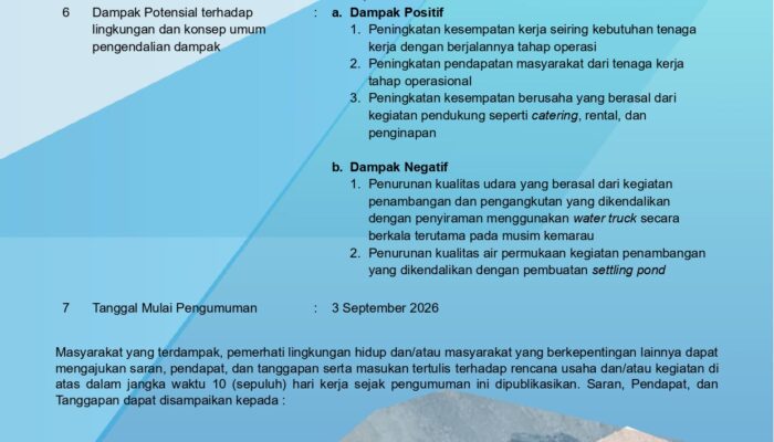 Pengumuman Studi Amdal PT Tepian Indah Sukses di Kutai Barat Kaltim